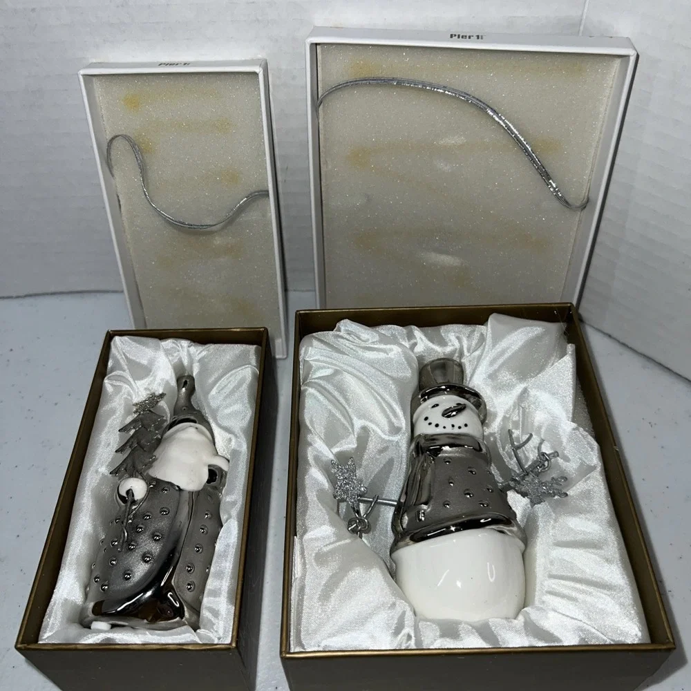 Vintage Pier 1 White Ceramic Snowman  And Santa Figures Silver Christmas